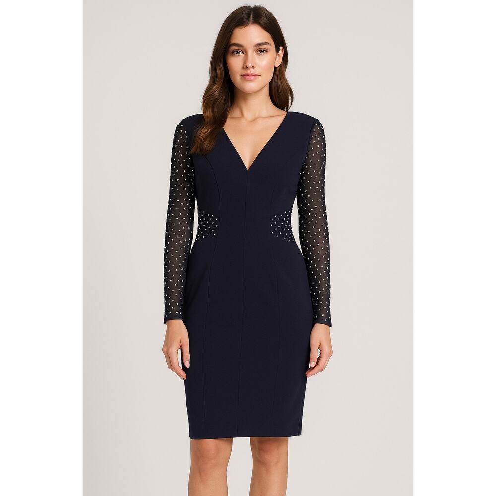 Cachet Navy Blue Sheath Dress Sz 12 Rhinestone Mesh Long Sleeve Cocktail Party